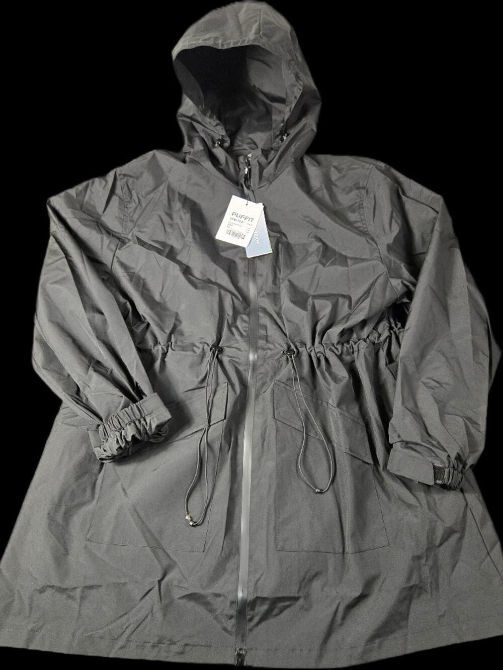 Puffit Womens 2XL Black Long Hooded Raincoat Cinch Waist PK12Premium NWT